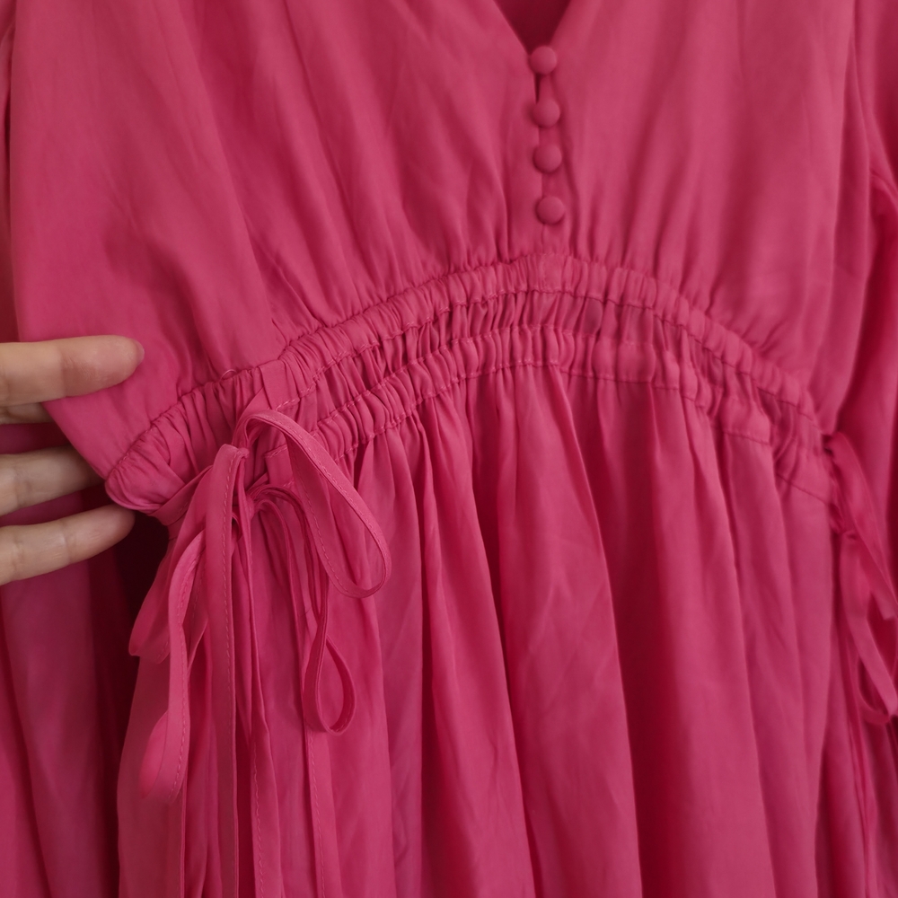Hot Pink Mini Dress Flowy Puff Long Slevee Coquette Romantic Barbiecore Summer - Picture 3 of 7